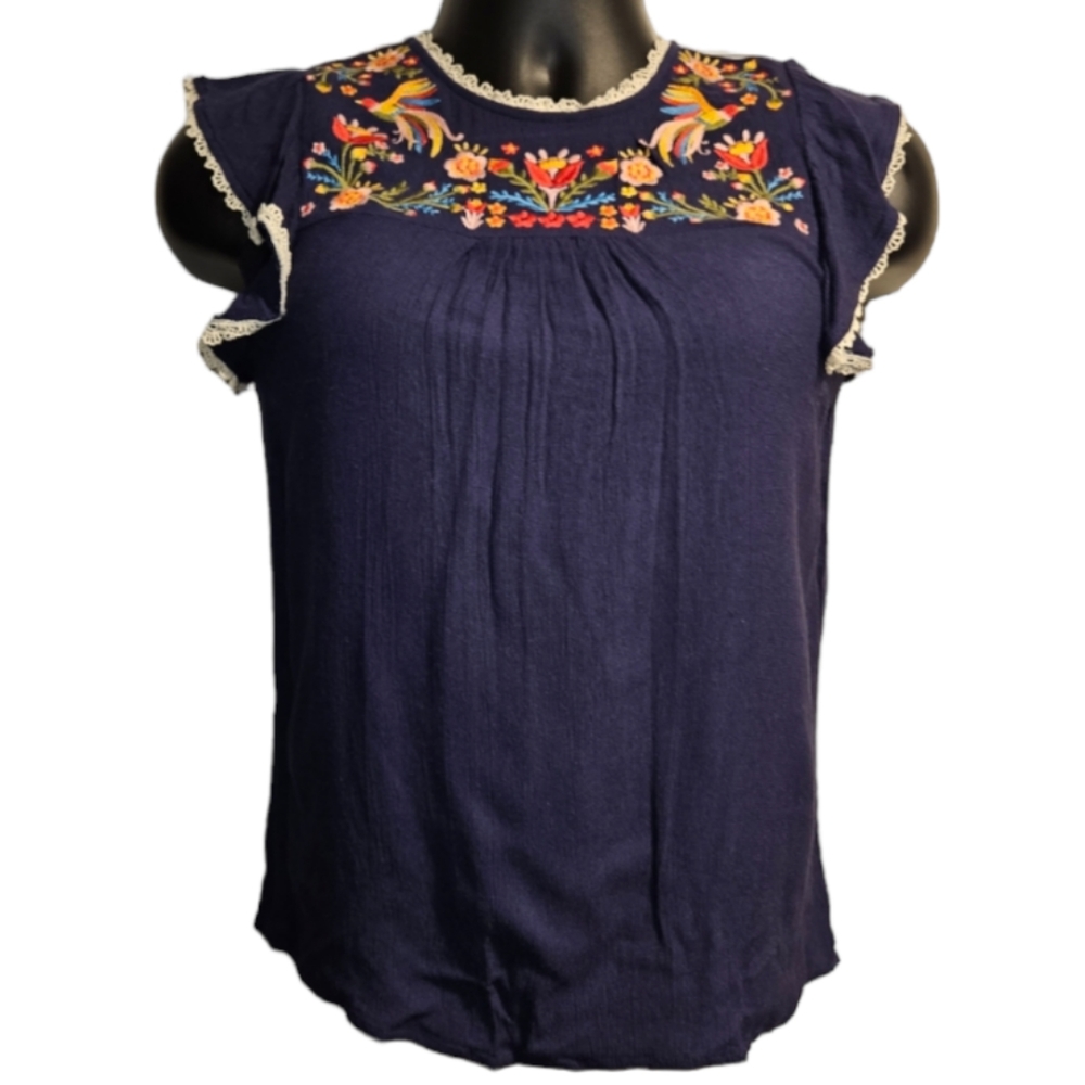 Savanna Jane Small Blue Embroidered Tropical Floral Birds Top Flutter Sleeves